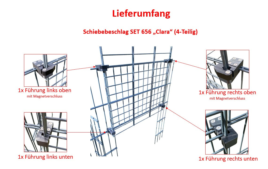 Universelles Schiebebeschlag-Set für Doppelstabmatten 656 – Typ „Clara-SET 656“