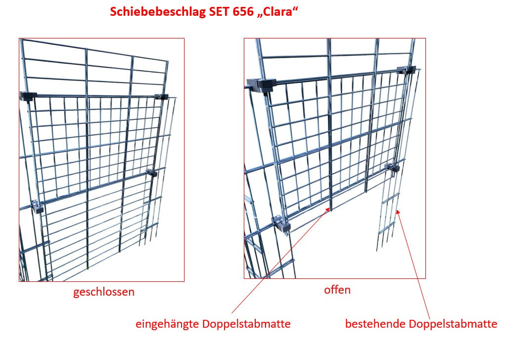 Universelles Schiebebeschlag-Set für Doppelstabmatten 656 – Typ „Clara-SET 656“